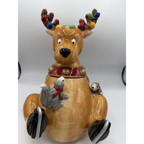 Mrs fields Reindeer Cookie Jar With Squirrels Christmas - Picture 1 of 9